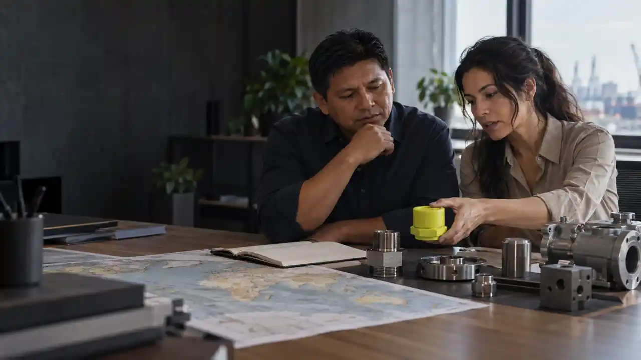 Um homem e uma mulher conversam à mesa de uma consultoria, com mapa-múndi, caderno e peças industriais de aço à frente deles