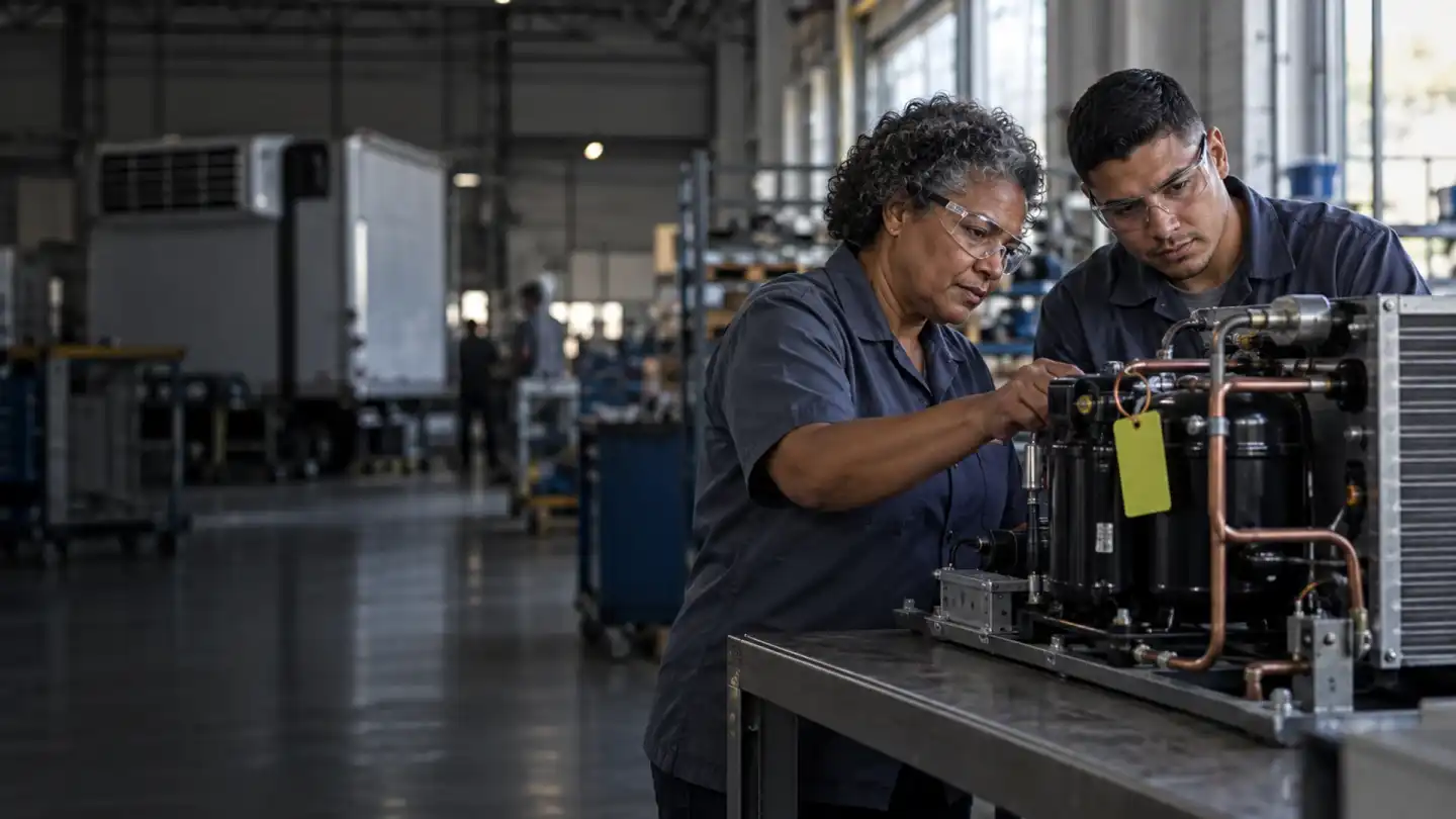 Duas pessoas de óculos de proteção ajustam juntas um compressor de refrigeração sobre a bancada de uma fábrica, com um baú refrigerado ao fundo