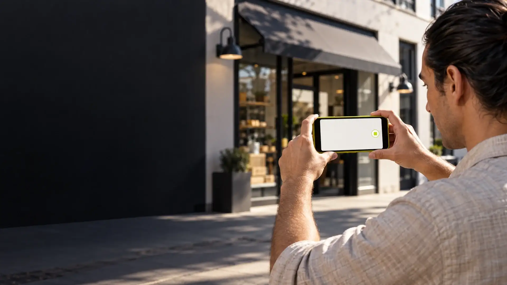 Homem filmando com o celular a fachada da empresa para a verificação do perfil no Google