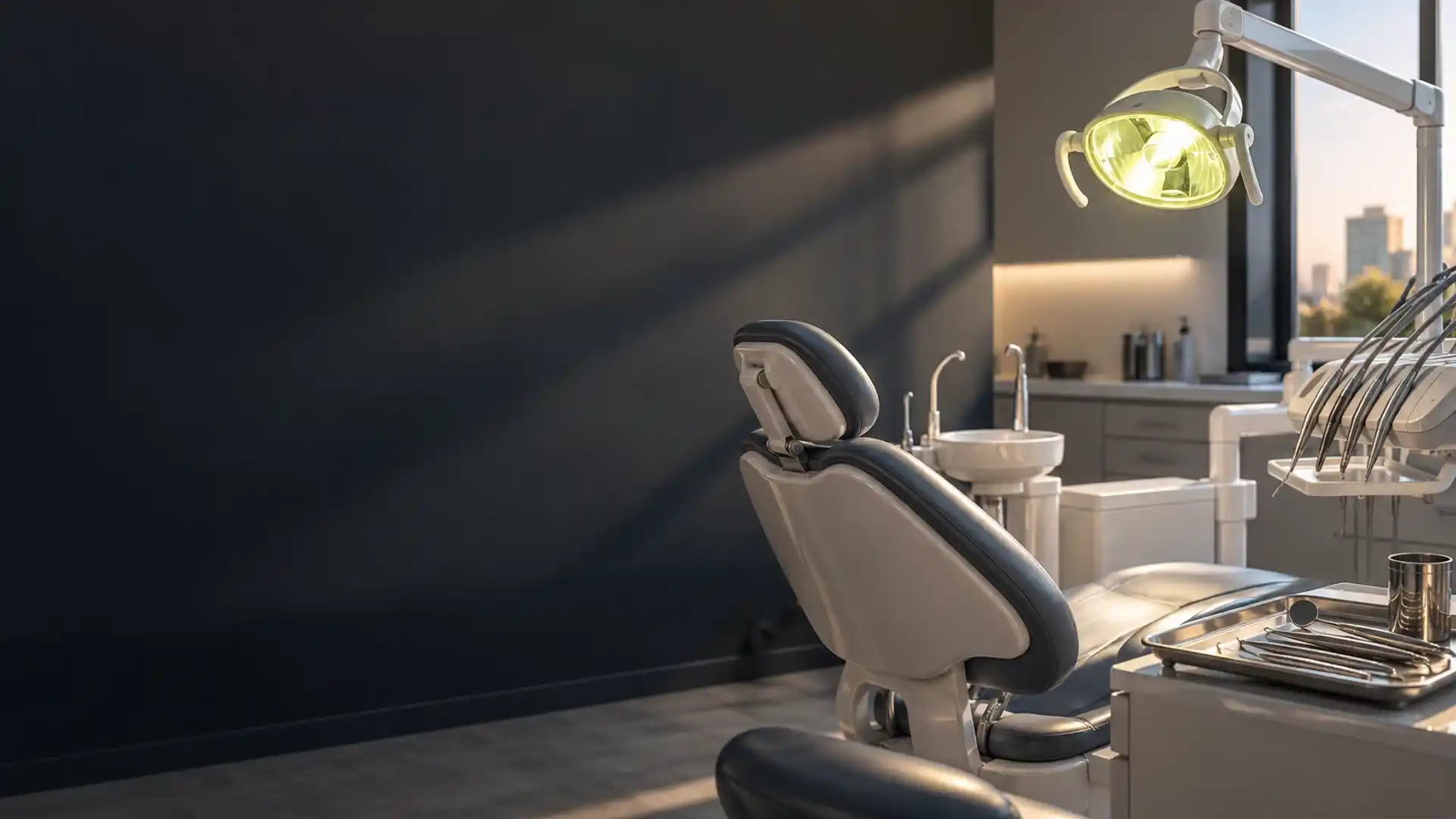 Consultório odontológico com a cadeira e o refletor iluminados pela luz da janela