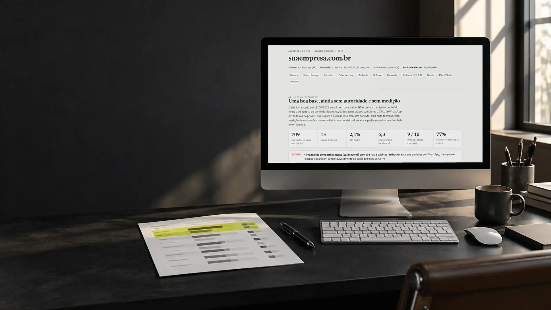 Painel com gráficos de busca e de velocidade de um site