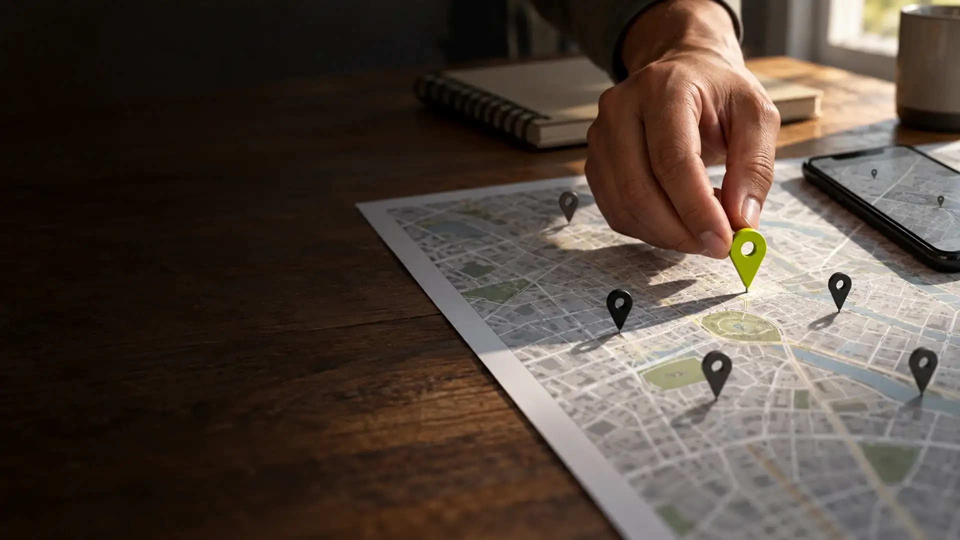 Mão marcando com um alfinete verde o endereço da empresa num mapa impresso da cidade