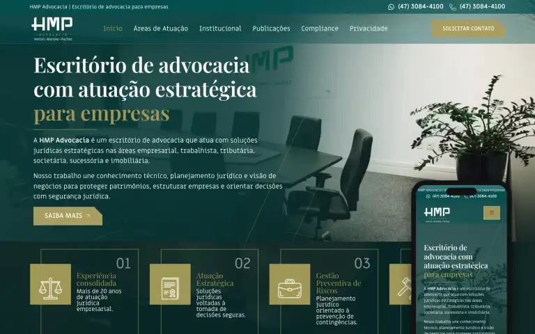 Página inicial do site da HMP Advocacia, escritório de advocacia