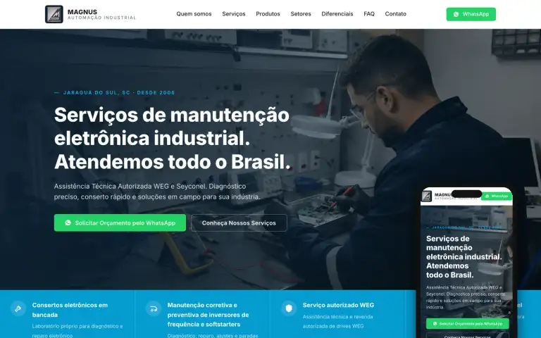 Página inicial do site da Magnus Automação, assistência autorizada WEG