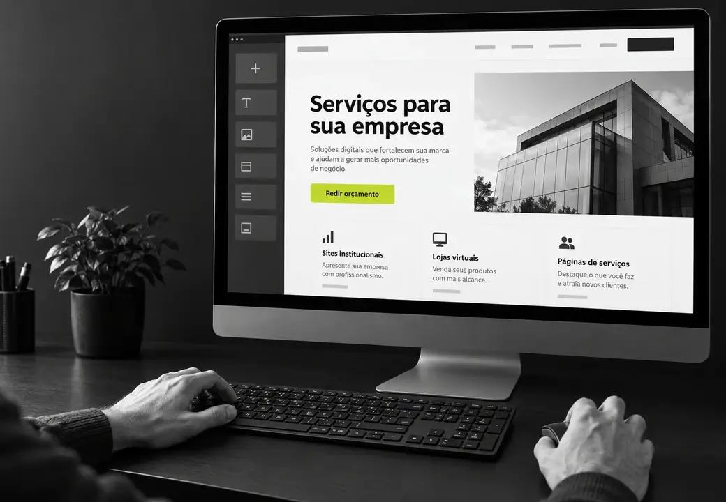 Mãos no teclado editando a página de serviços de um site num editor visual