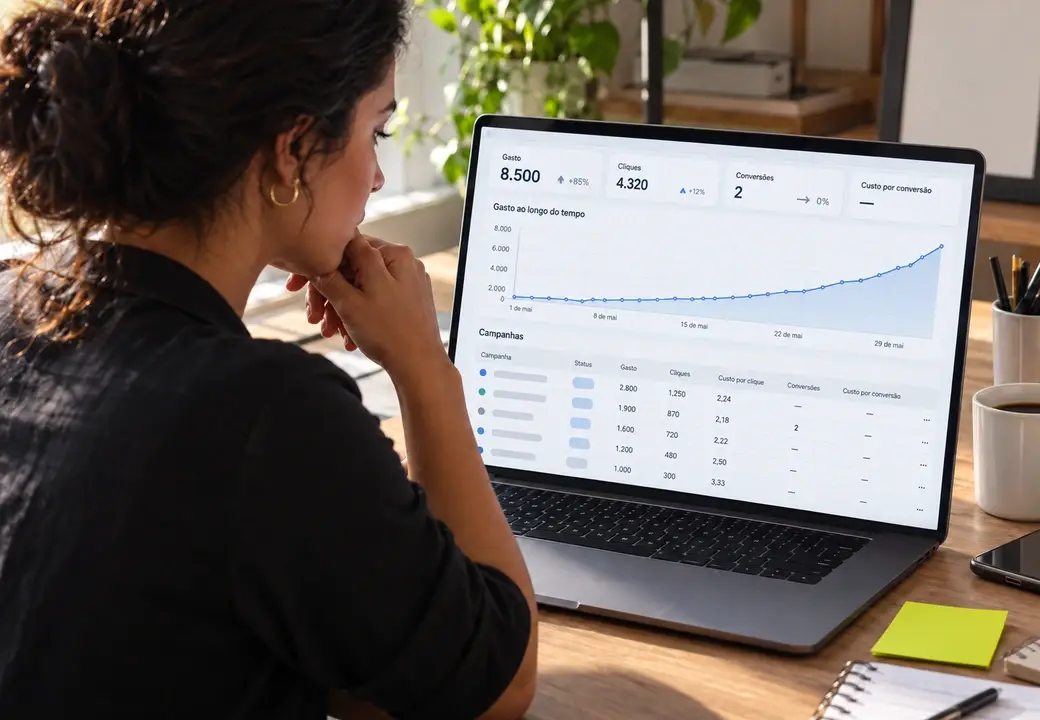 Pessoa planejando anúncios num notebook, com anotações ao lado