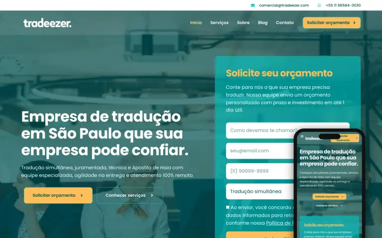 Página inicial do site da Tradeezer, empresa de tradução de São Paulo